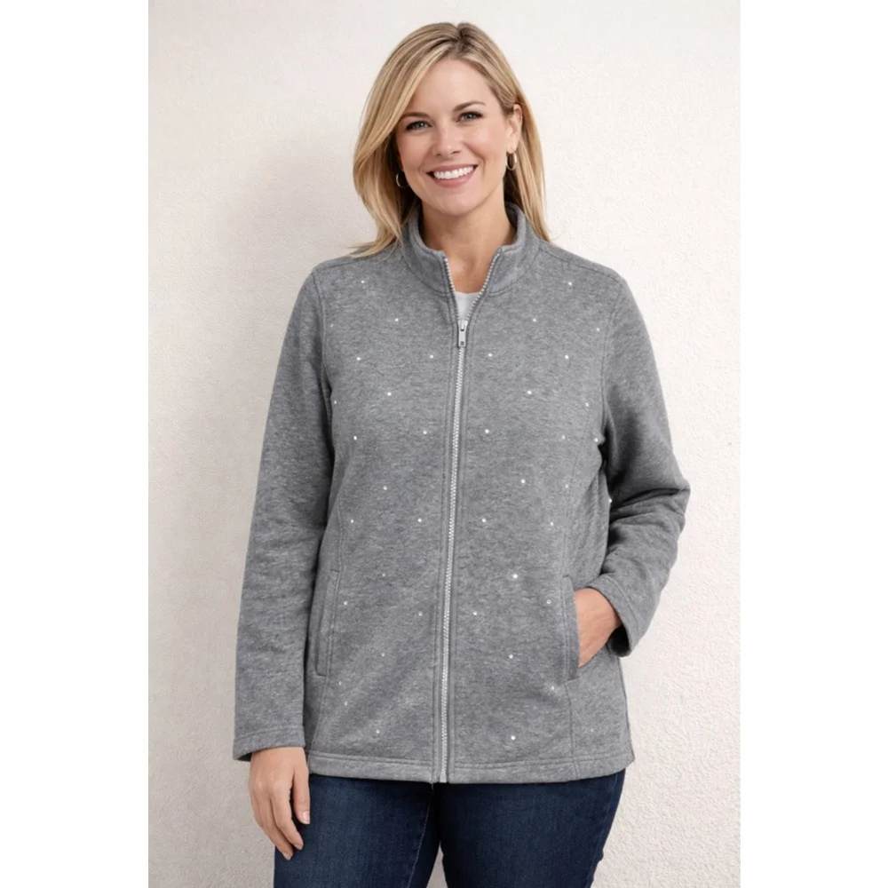 Quacker Factory Gray Rhinestone Zip Jacket Women’s Large Sparkle Sweatshirt - Picture 3 of 8